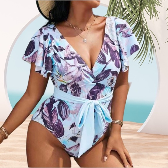 🐣Just In🆕"The Angelina"  Flutter Sleeve Deep V Swimsuit - Picture 5 of 6